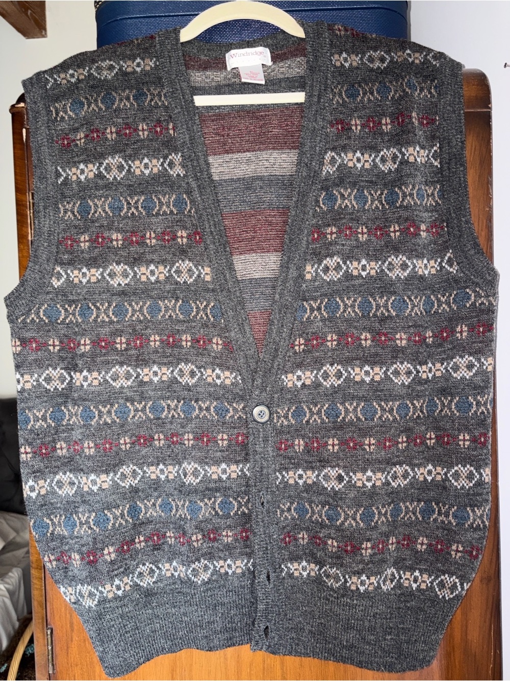 Vintage Grandpa Core Men’s Grey Patterned Knit Button Up Vest Windridge Large
